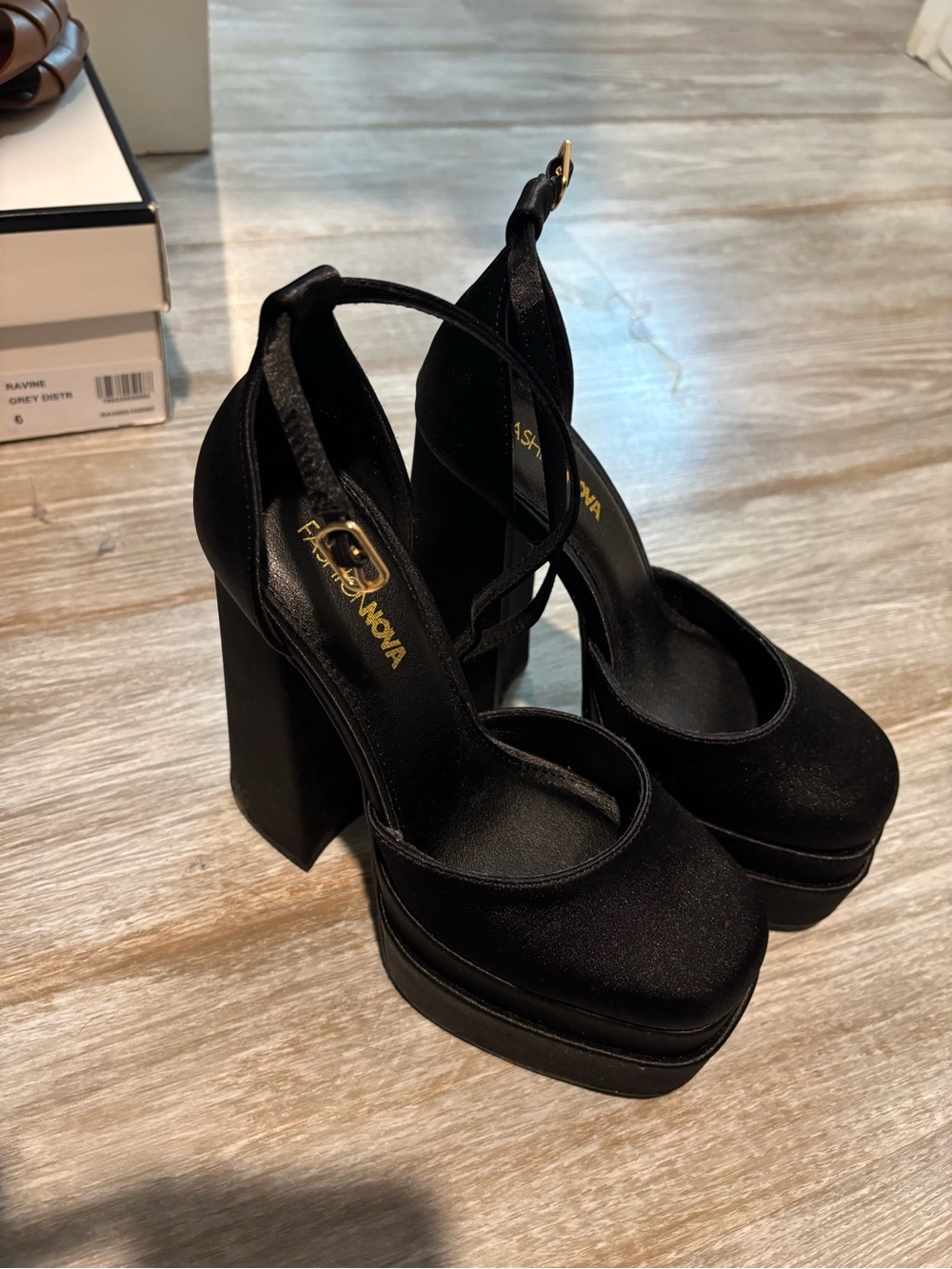 Fashion Nova Black Satin Platform Block Heels with Ankle Strap